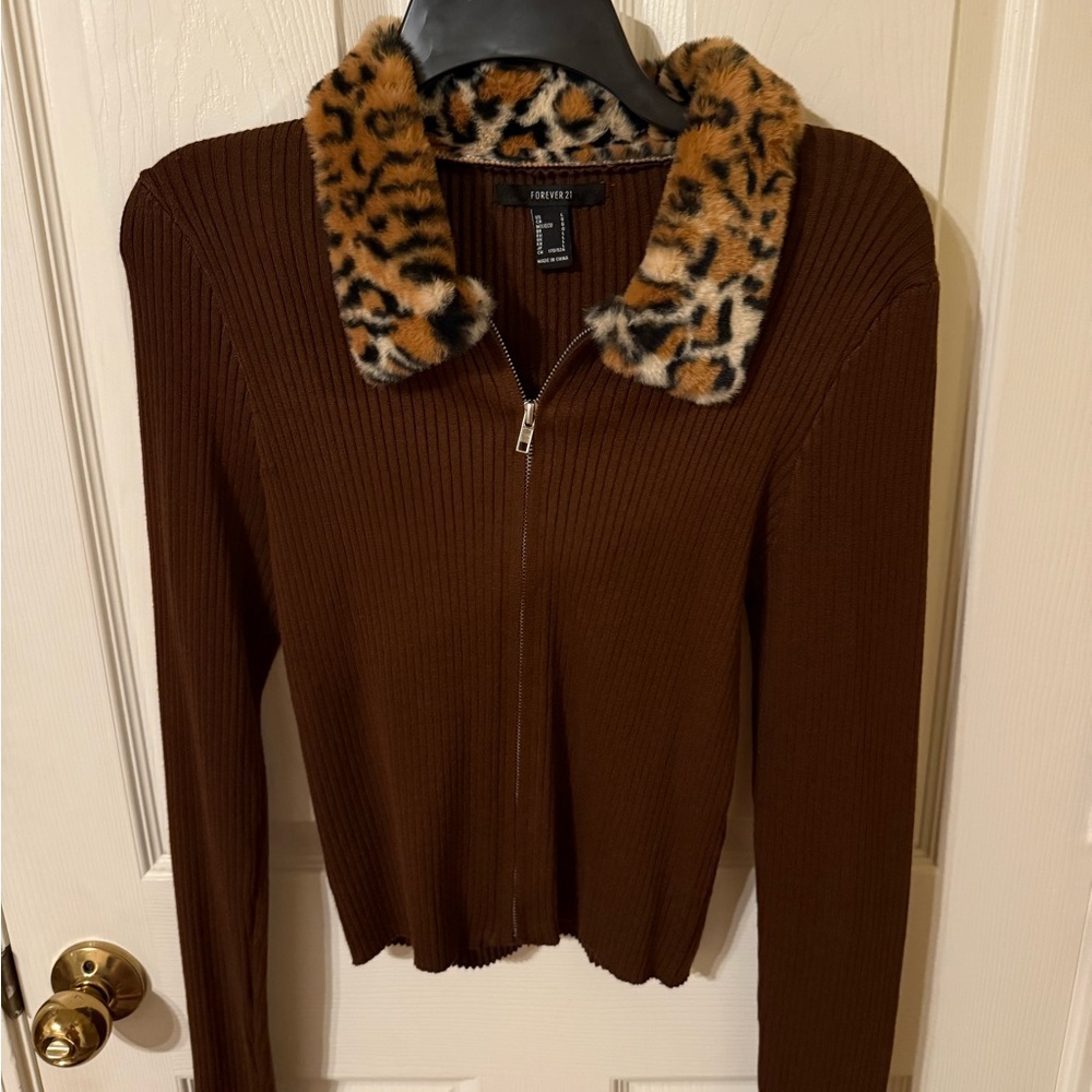 Forever 21 Brown Ribbed zip up with Animal Print Collar